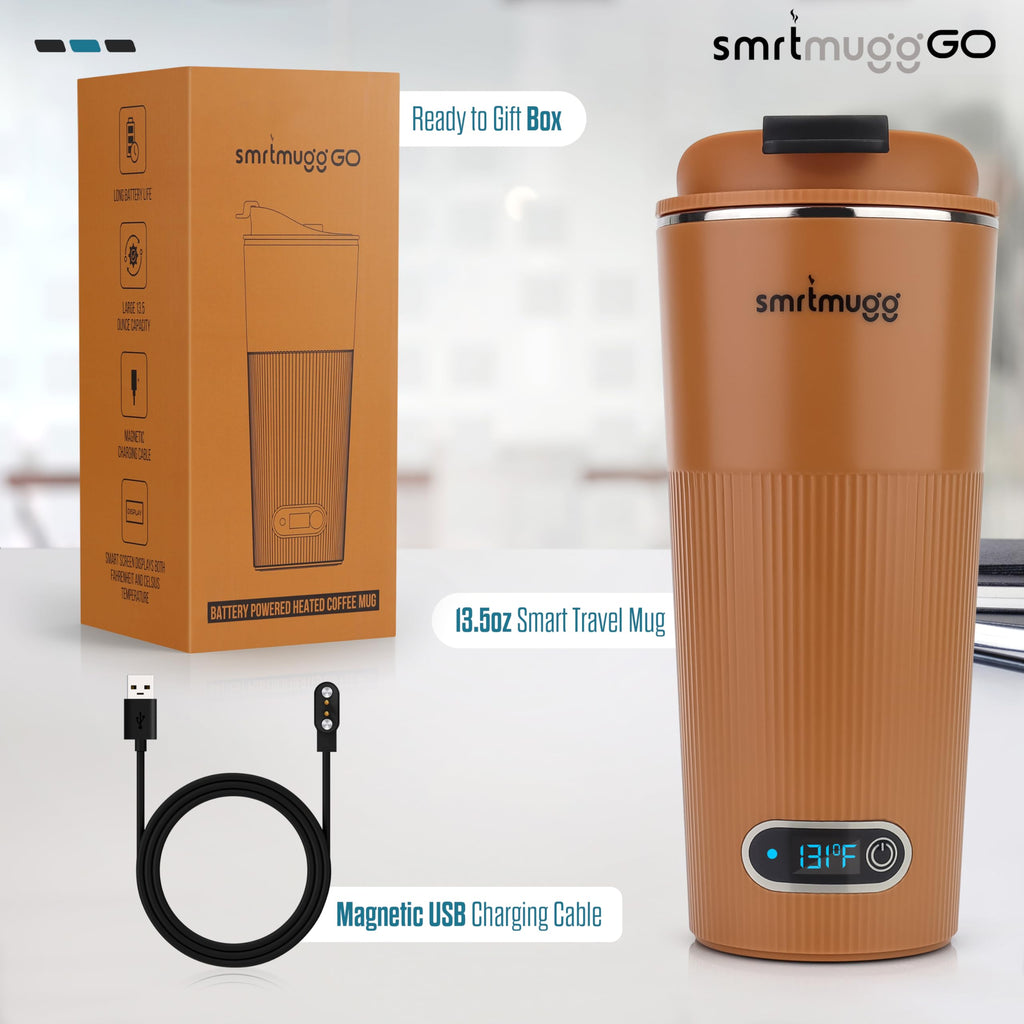 SmrtMugg GO Heated Coffee Mug, Travel Mug, 13.5 OZ. Smart Mug, Battery Powered Heated Coffee Mug, Great for Coffee and Tea, Snap on Magnetic Charging Cord, New and Improved (Pumpkin Spice)