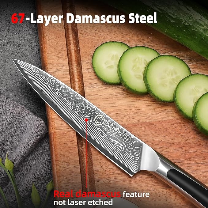 Sunnecko Paring Knife 5 Inch, Small Kitchen Knife with VG10 Damascus Steel Utility Knife with Solid Handle Fruit Knife Perfect for Cutting Fruit and Vegetables Peeling Knife with Gift Box Petty Knife