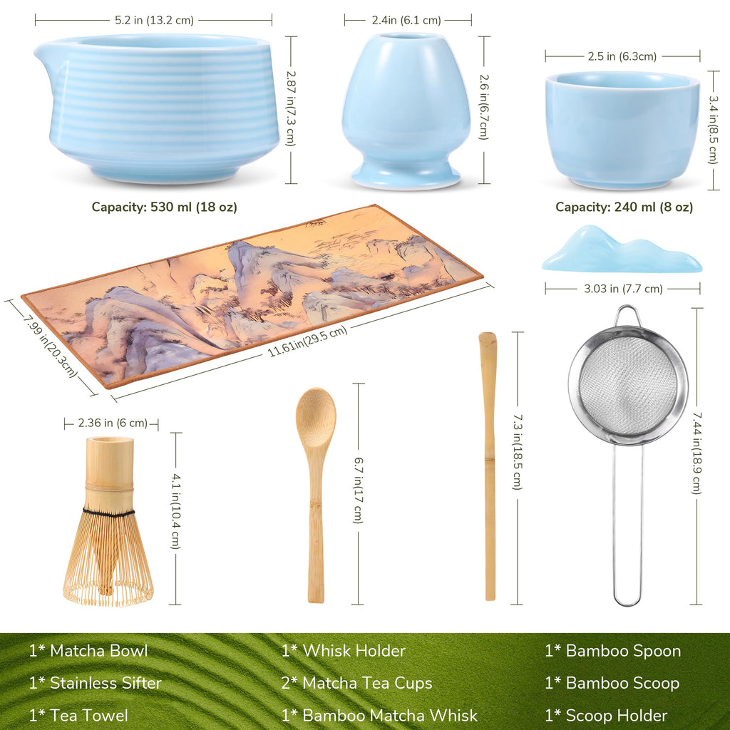 HELPLX Matcha Whisk Set, 10-Piece Japanese Matcha Kit with Bowl, Whisk & Holder, 2 Tea Cups, Bamboo Scoop, Spoon, Sifter, Scoop Rest & Tea Towel – Blue Matcha Tea Set for Ceremony or Daily Use