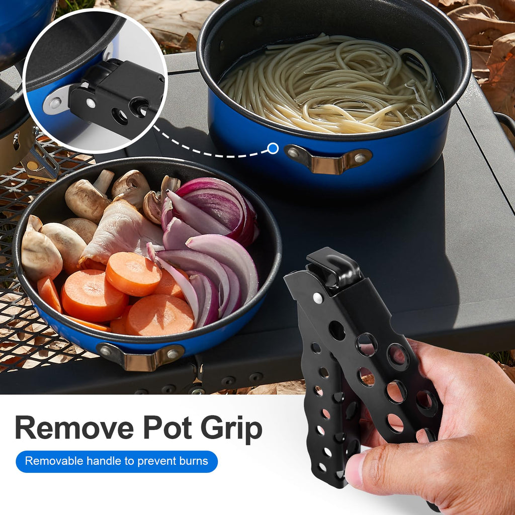 Odoland 5pcs Camping Cookware Non-Stick Camping Pot and Pan Set with Kettle and Removable Handle for Hiking Backpacking and Picnic(Blue)