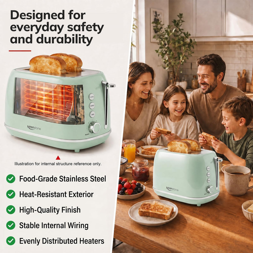 2 Slice Stainless Steel Toaster Retro with 6 Bread Shade Settings, Bagel, Cancel, Defrost Function, Extra Wide Slot, Removable Crumb Tray Green