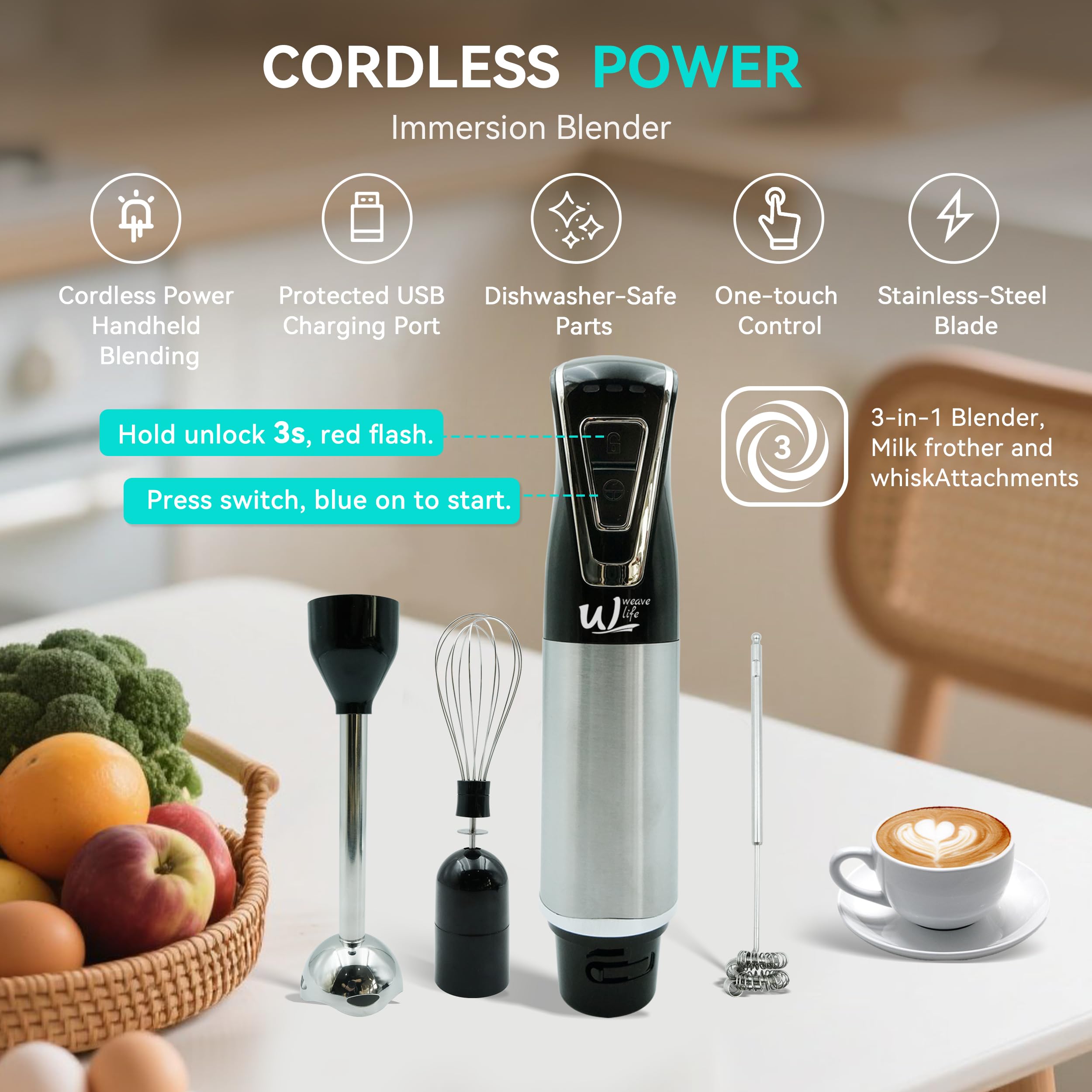 Weavelife 3-in-1 Cordless Hand Blender Set - One-Touch Control & Safety Lock, Immersion Blender with Whisk and Frother for Lattes, Desserts, Soups, Dishwasher-Safe