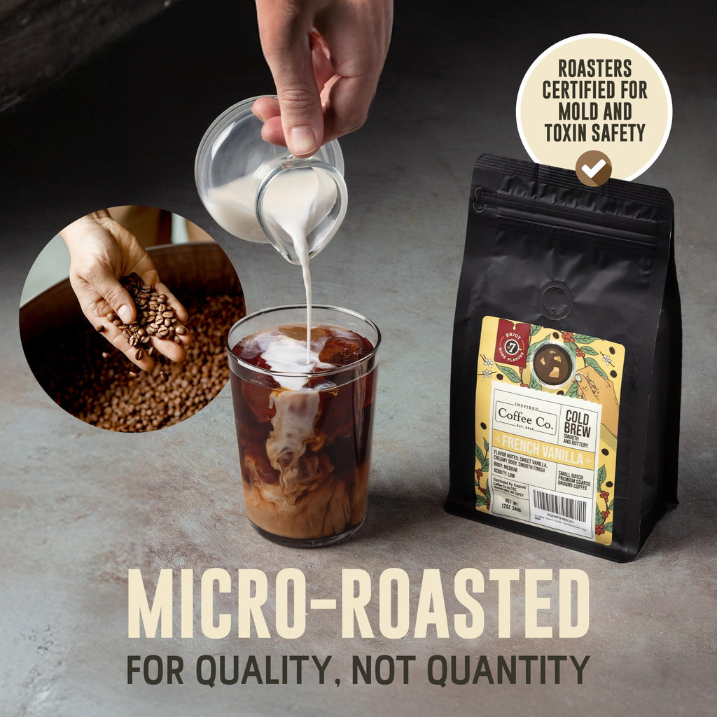 Inspired Coffee Co French Vanilla Flavored Cold Brew Coffee Coarse Ground Coffee Beans Medium Roast - Low Acid Coffee Smoother Taste - 100% Arabica - 12 oz. Resealable Bag