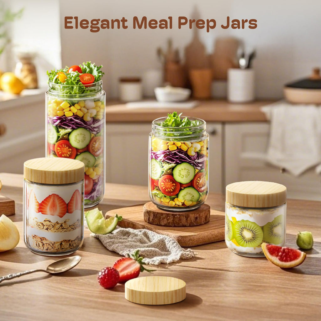 16 oz Overnight Oats Containers with Bamboo Lids, Glass Mason Jars 2 Pack