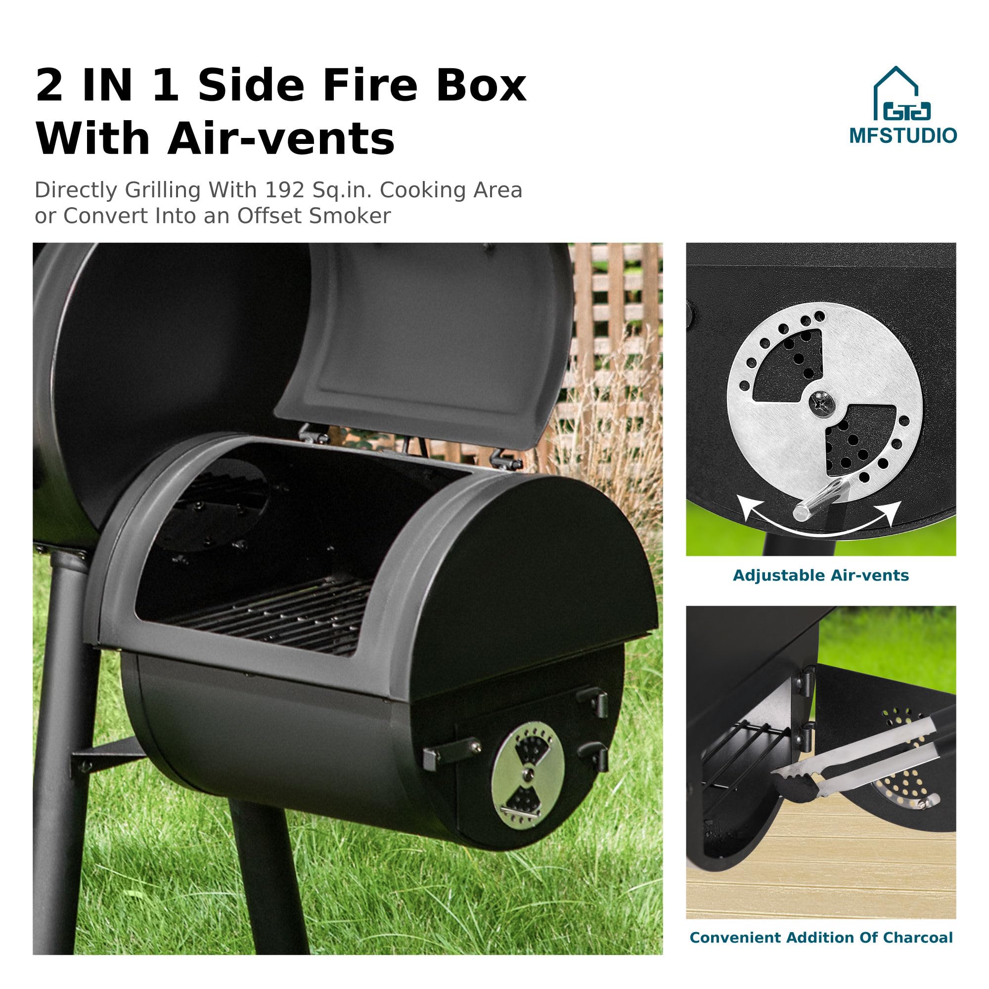 MFSTUDIO Barrel Charcoal Grill w/Offset Smoker w/ 512 SQ.IN. Cooking Area