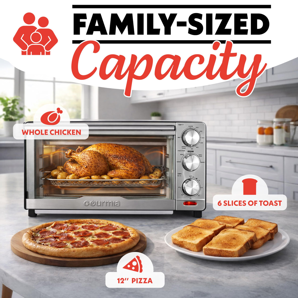 Gourmia Air Fryer Toaster Combo - 6-in-1 Multi-function Countertop Oven Adjustable Temperature & Timer, Fry Basket, Baking Pan, Oven Rack & Pullout Crumb Tray, Stainless Steel