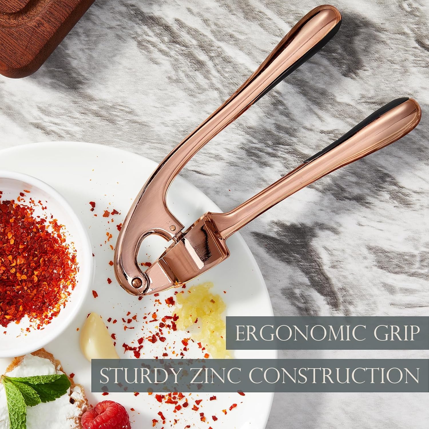 Premium Garlic Press Stainless Steel - Elevate Your Culinary Experience with Our Premium Garlic Mincer, Crusher & Peeler Set, Dishwasher Safe & Rust-proof (Bronze)