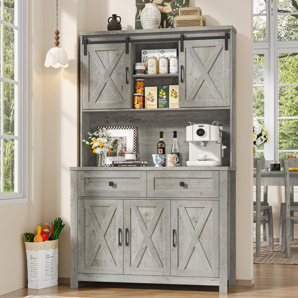 Befrases 67.7 Inch Farmhouse Pantry Storage Cabinet with Sliding Barn Doors, 2 Drawer Farmhouse Coffee Cabinet with Adjustable Shelf, Side Board with Buffet Cupboard Livingroom Kitchen, Grey