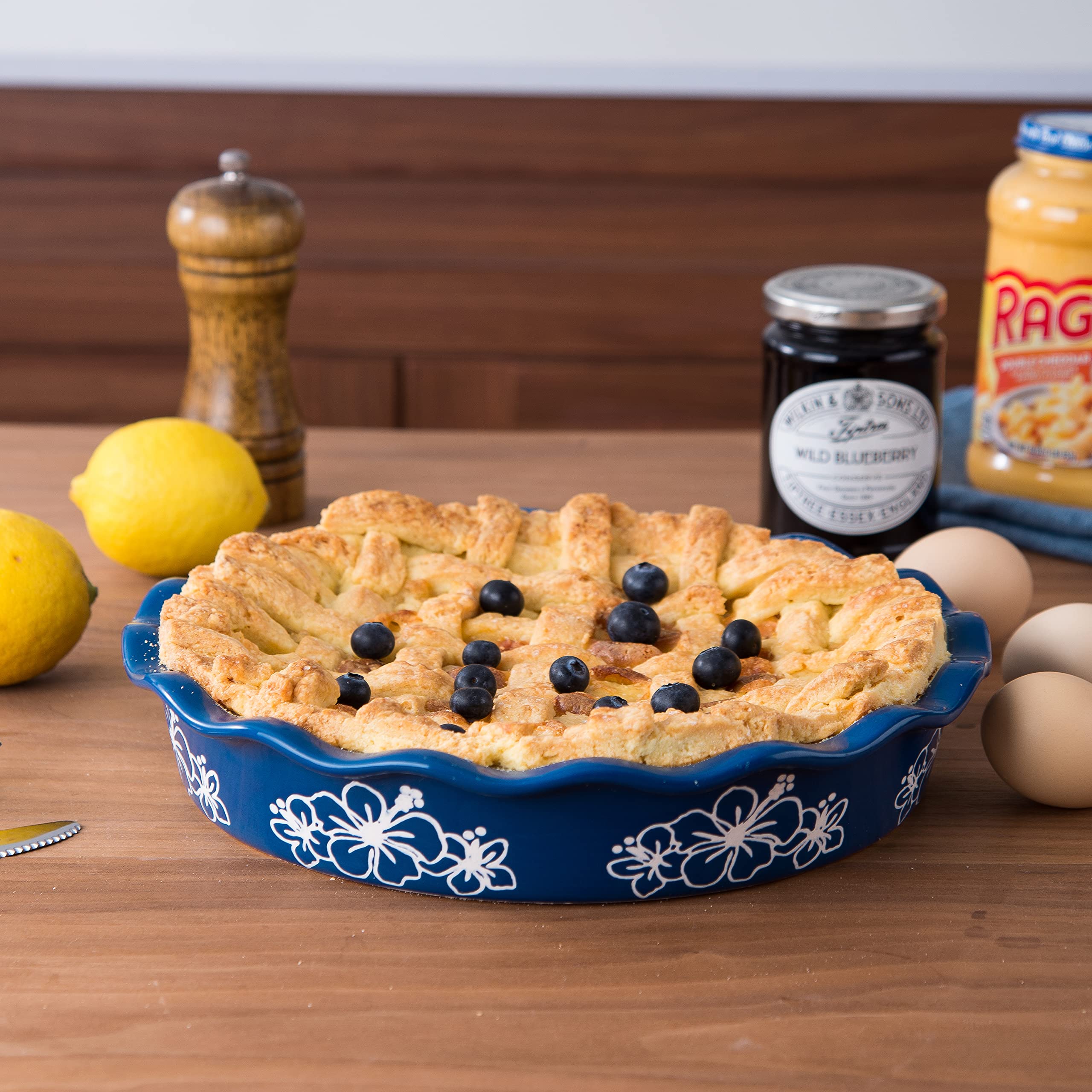 Sagoskat Pie Pan Ceramic Pie Plate, 9 inch Deep Dish Pie Pans, Nonstick Pie Pans for Baking, Blue and White Floral Pie Dish For Kitchen