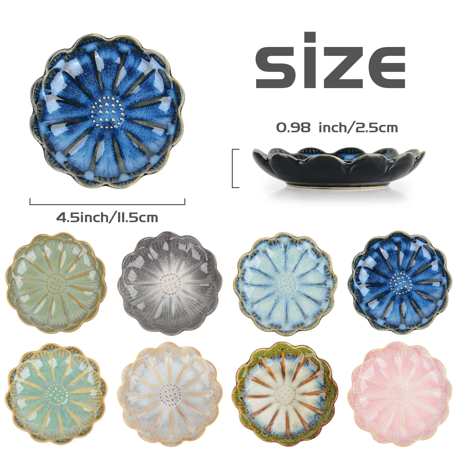 ZEBERBO Ceramic Dipping Bowls Set of 8, 3 oz Sauce Cups, Chrysanthemum Round Small Side Dish for Sushi, Tomato, Soy Sauce, Condiment Finger Bowls