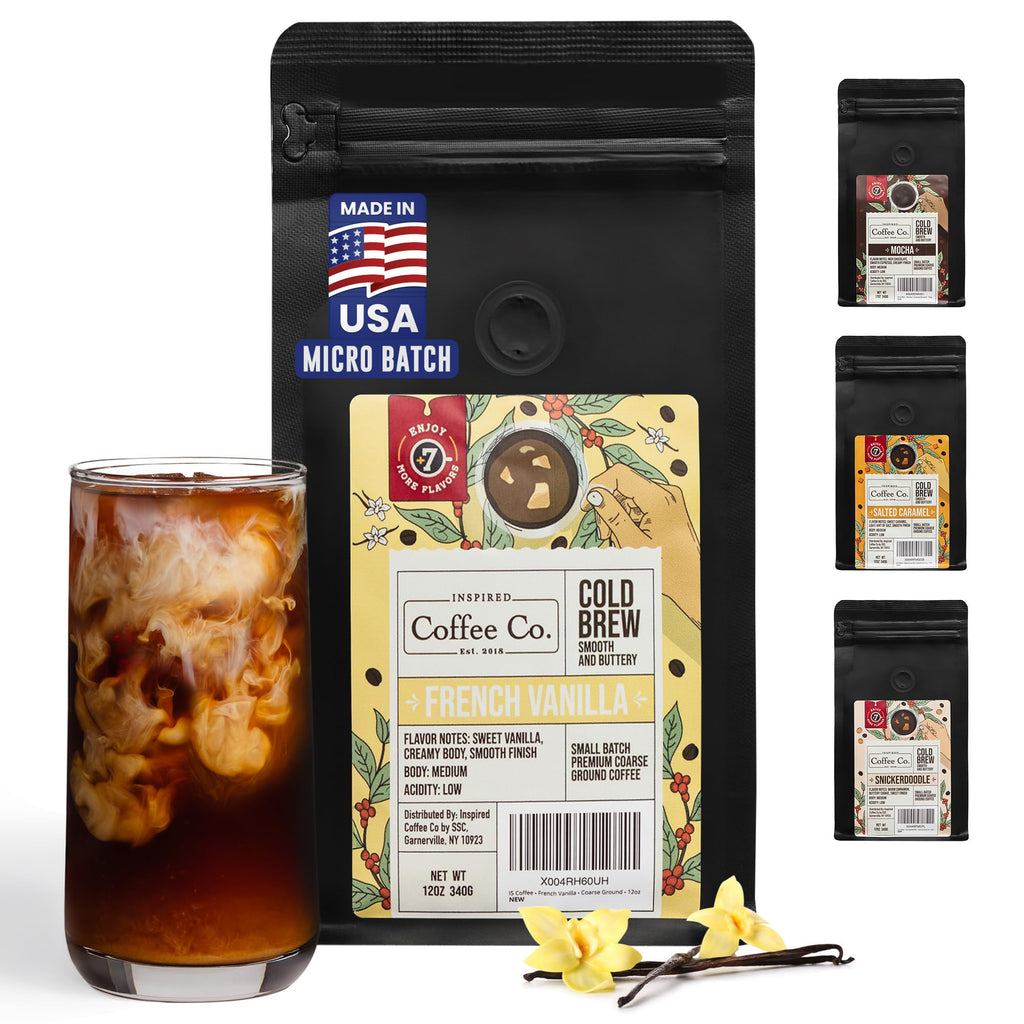 Inspired Coffee Co French Vanilla Flavored Cold Brew Coffee Coarse Ground Coffee Beans Medium Roast - Low Acid Coffee Smoother Taste - 100% Arabica - 12 oz. Resealable Bag