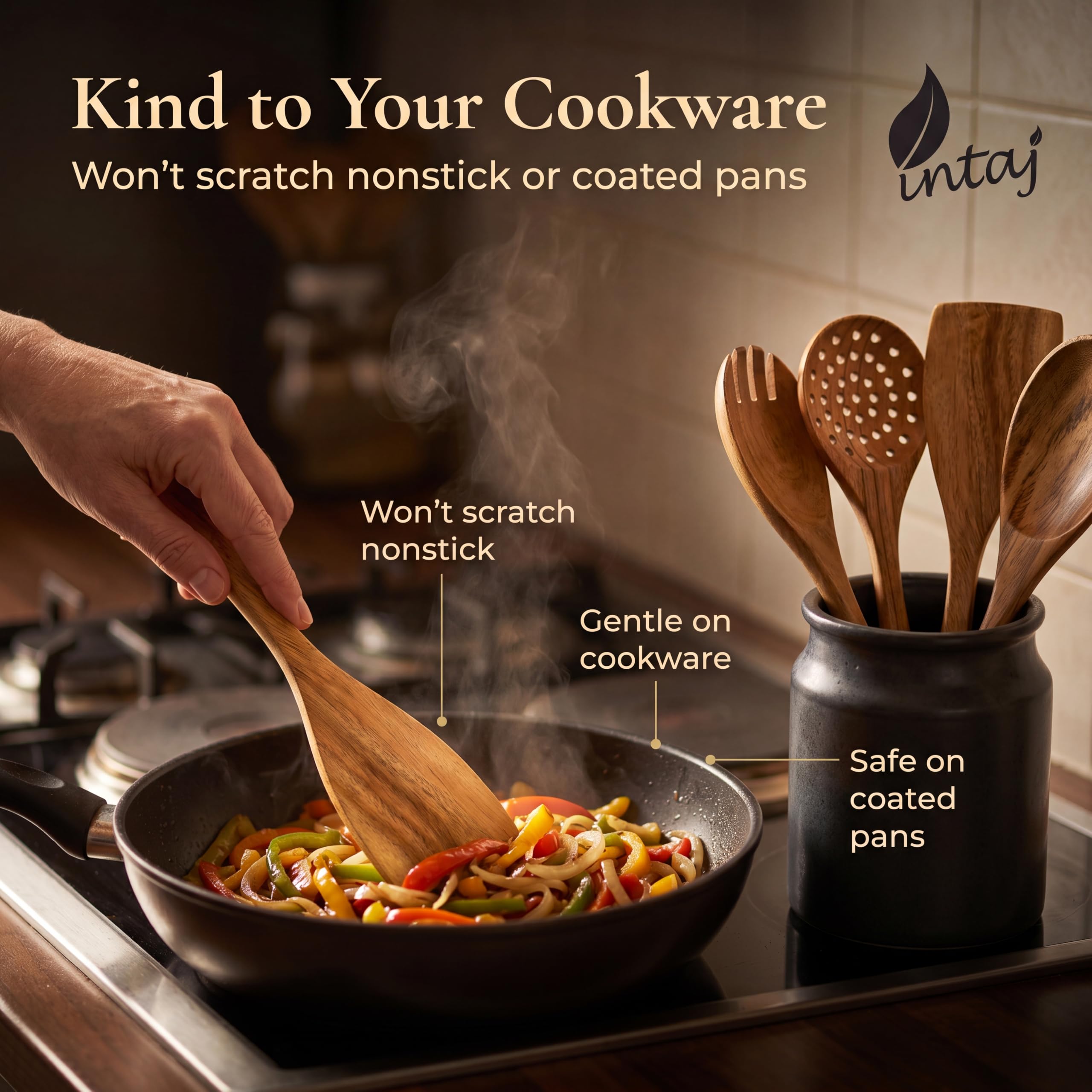 INTAJ Wooden Spoon Set for Cooking, 6-Piece Handmade Teak Kitchen Utensils