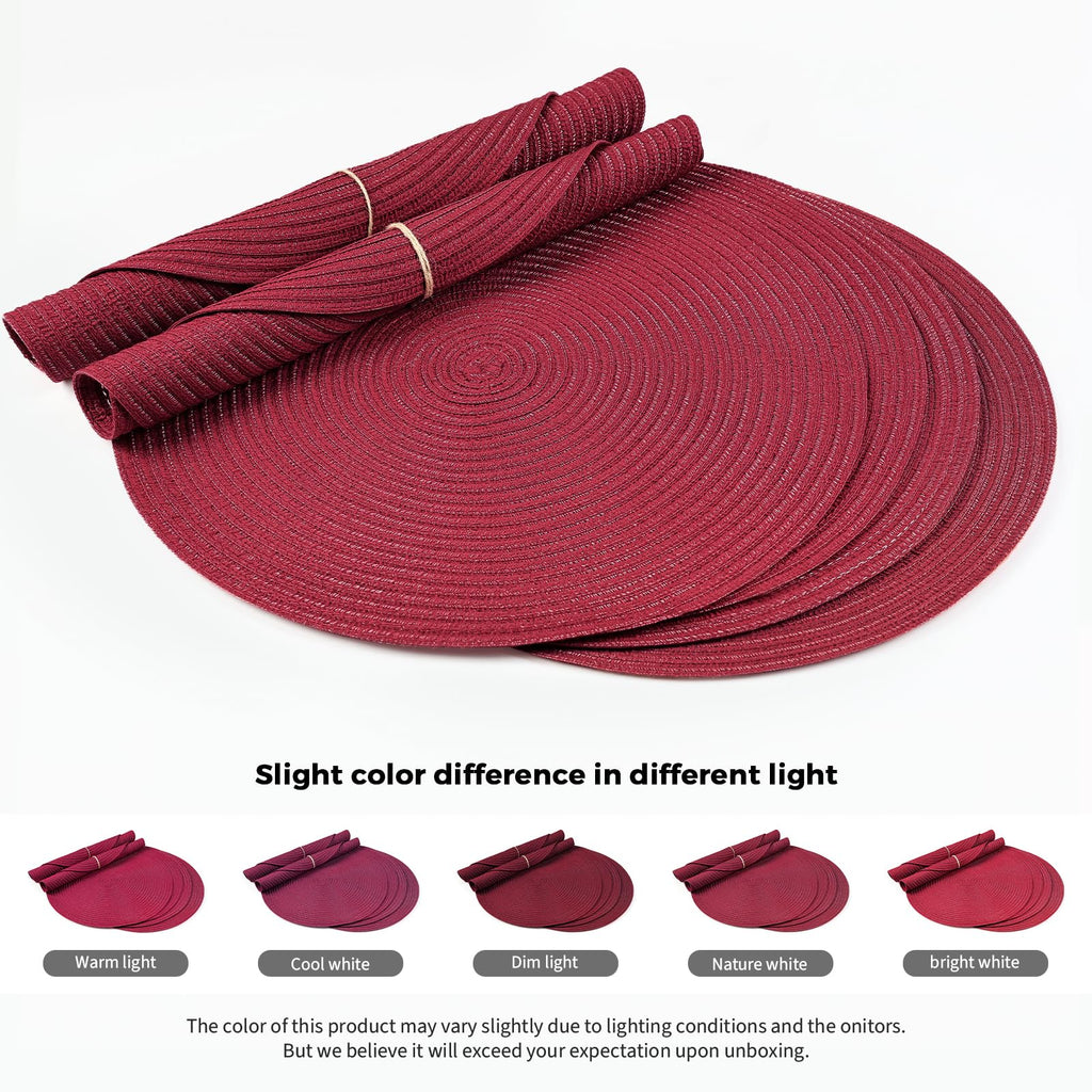 FunWheat Round Braided Placemats Set of 8 Place mats for Dining Tables Woven Heat Resistant Table Mats 15 inch (Wine,8pcs)