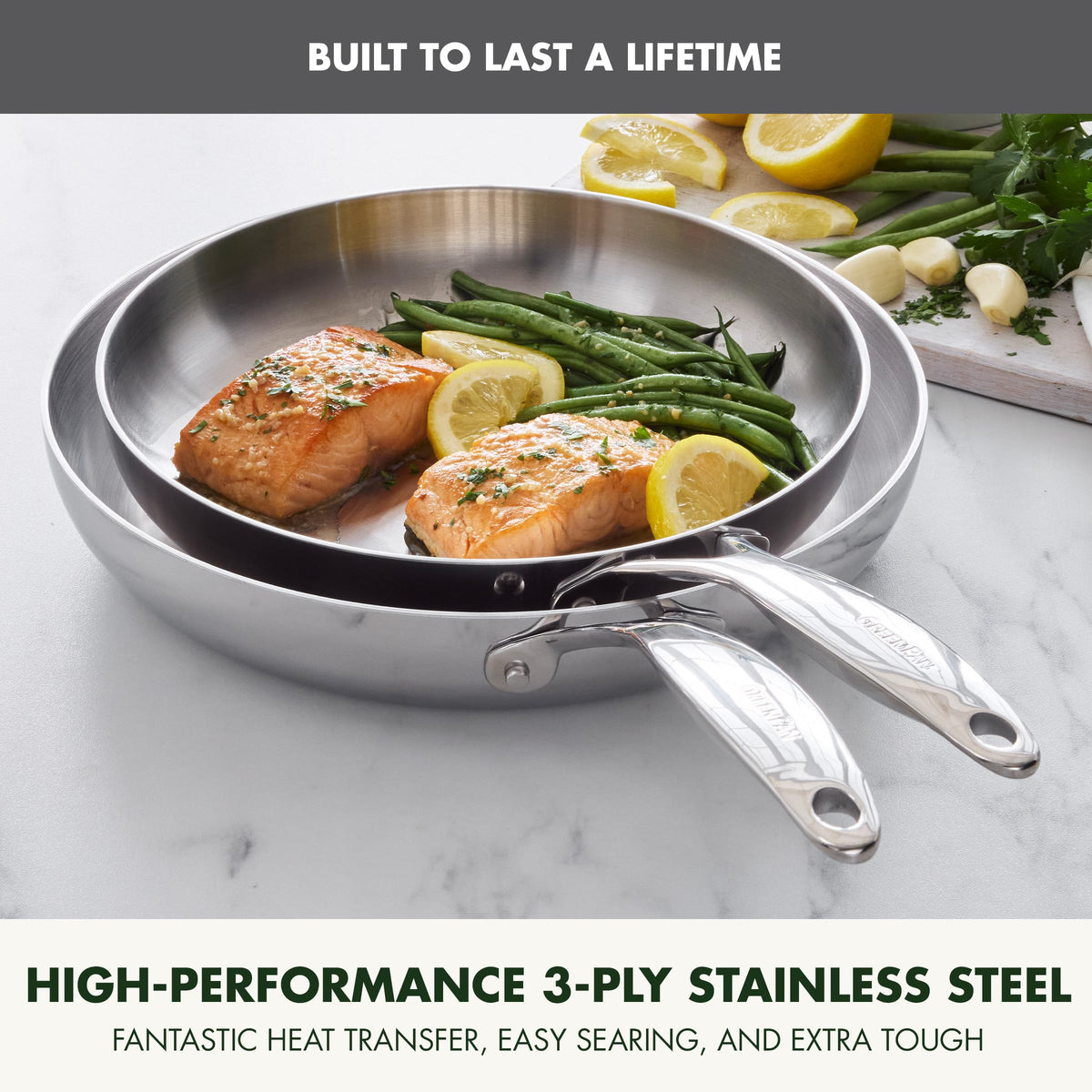 GreenPan Valencia Pro Tri-Ply Stainless Steel 8", 9.5" & 11" Frying Pan Skillet Set, Induction Ready, Mirror Finish, Dishwasher Safe & Oven/Broiler Safe to 600F, Compatible with All Cooktops