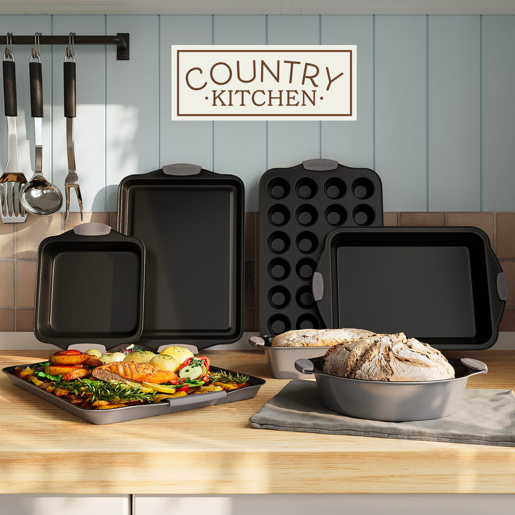 Country Kitchen Nonstick Stackable Bakeware Set - Heavy Duty, Durable, Easy Release Baking Set, Grey, 10 Pcs