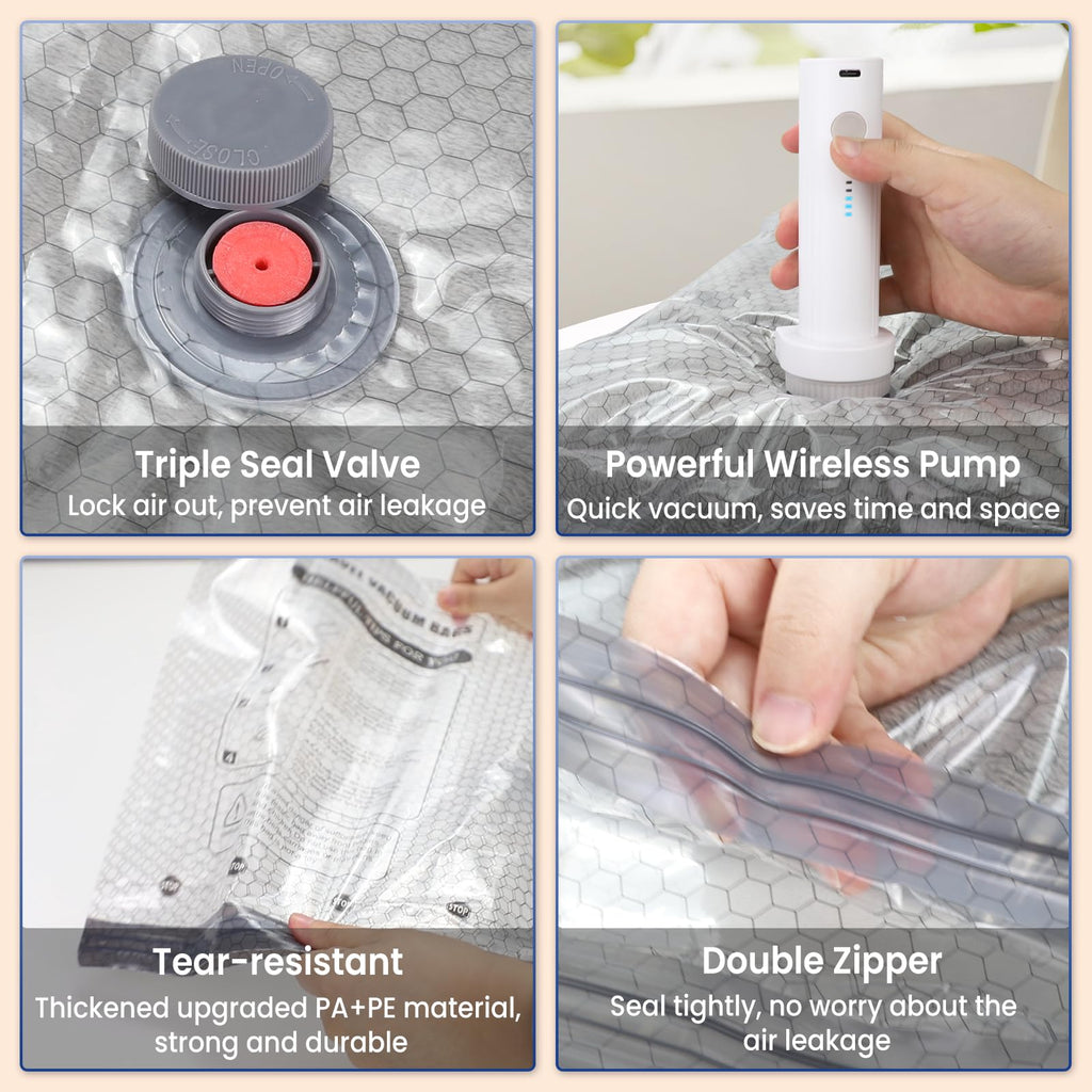 Vacuum Bags for Travel with Rechargeable Electric Pump, 12 PCS (4S,4M,4L) Storage Bags Vacuum Sealed, Space Saver Bags Carry-on Size Compression Packing Bags for Luggage and Suitcase