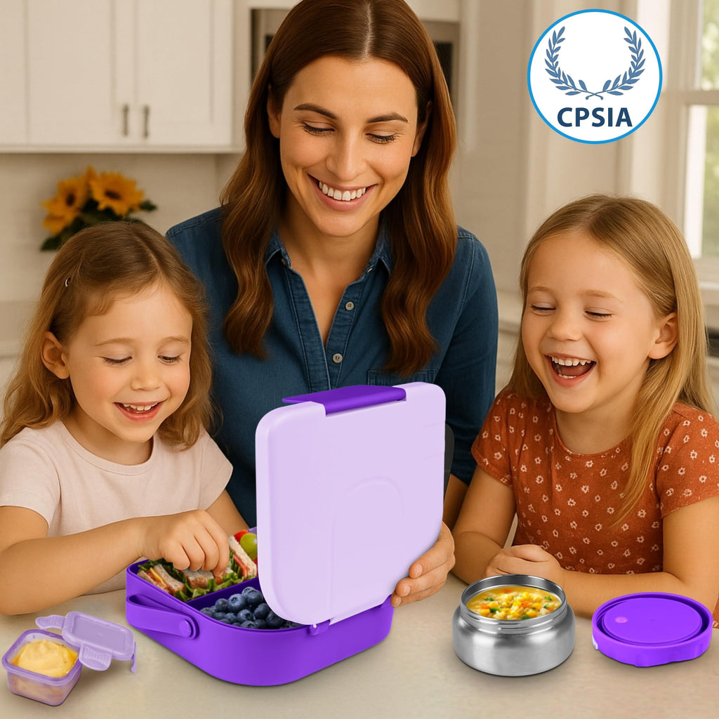 Lunch Box with Thermo Jar, Large-Capacity 3-Compartment Bento Box, Purple