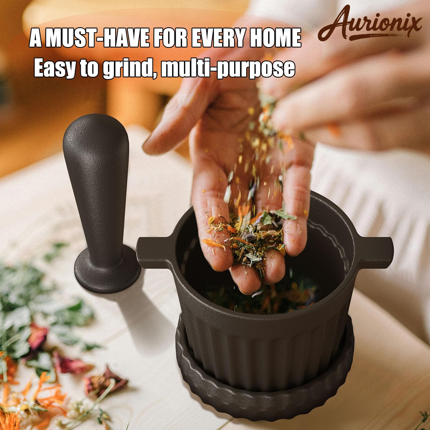 Aurionix Cast Iron Mortar and Pestle Set with Grater Plate, Brush and Spoon