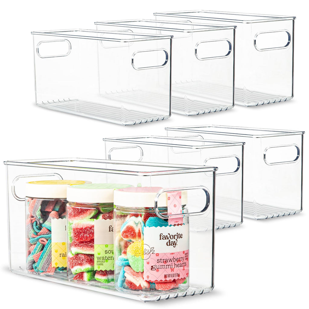 Plastic Food Storage 6 Pack Clear Container Bin with Handles for Organizing Kitchen, Pantry, Refrigerator, Freezer, Pantry, Cabinet, Closet, Bathroom. 10”x4”x5”