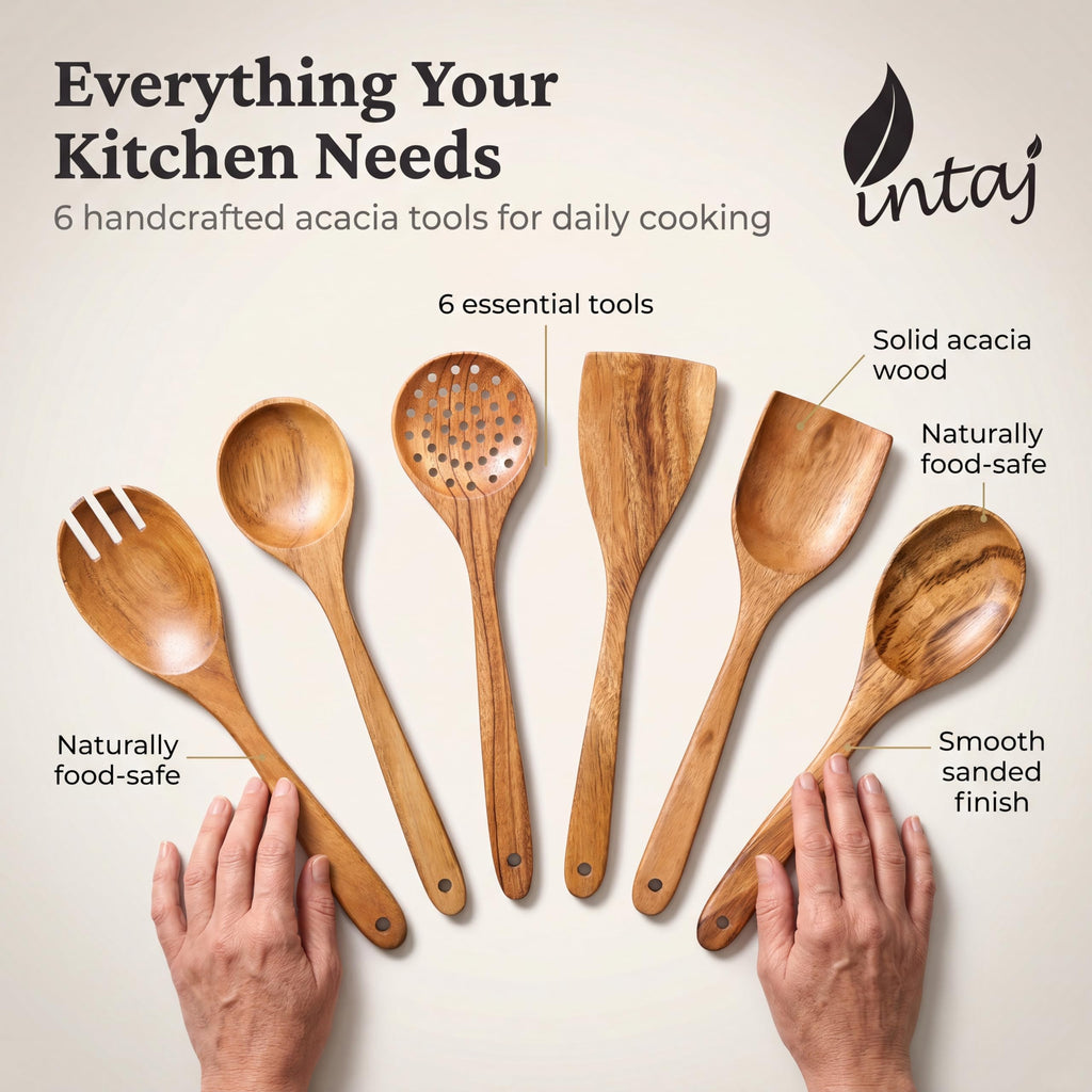 INTAJ Wooden Spoon Set for Cooking, 6-Piece Handmade Teak Kitchen Utensils