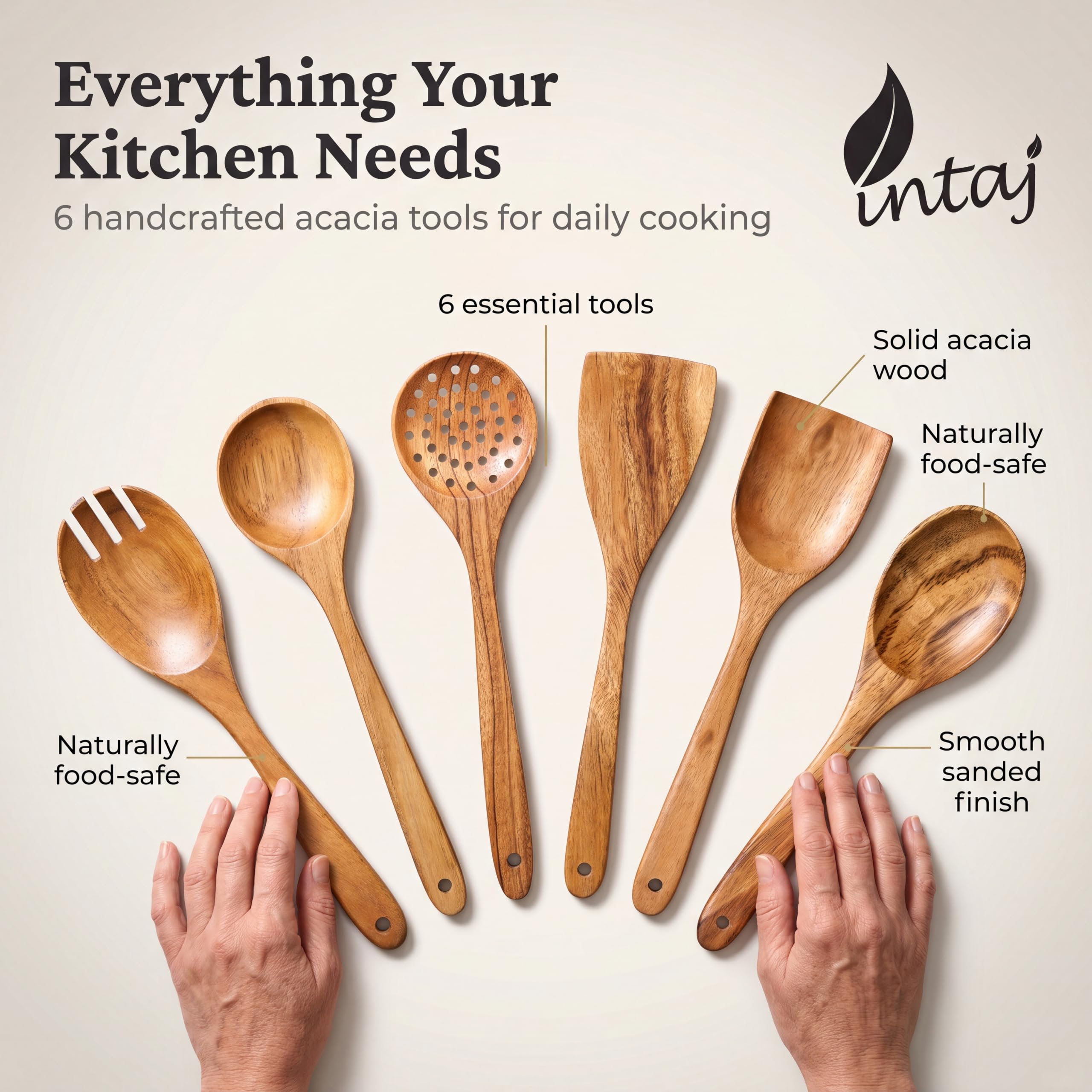 INTAJ Wooden Spoon Set for Cooking, 6-Piece Handmade Teak Kitchen Utensils