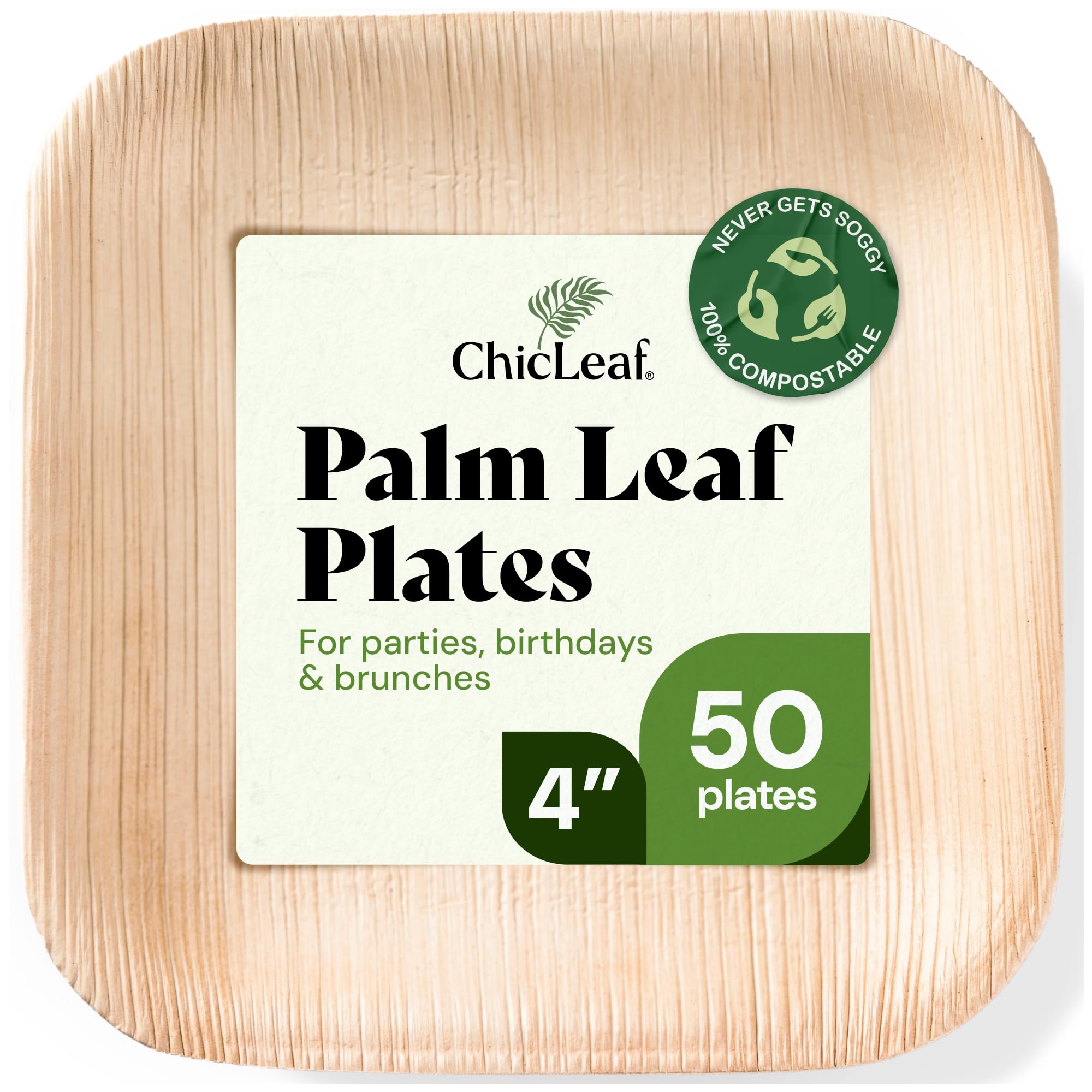 Chic Leaf Palm Leaf Plates - 4 in Square, 50 Pack, Compostable