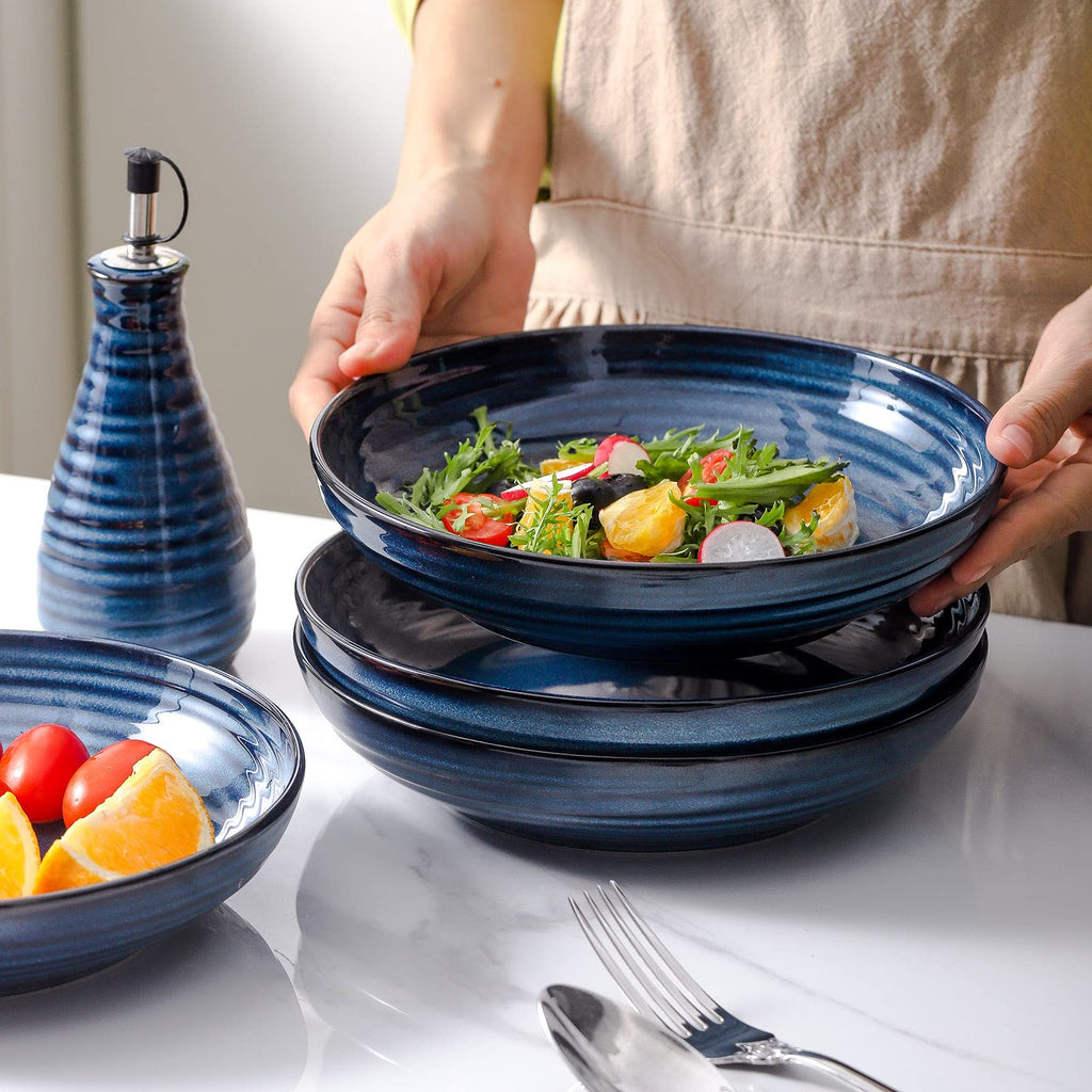 HASENSE Pasta Bowls Set of 2, 8.7 Inch Reactive Glazed Ceramic Salad Serving Bowls for Kitchen, 32 Ounce Shallow Bowls for Pasta Soup Salad Dinner, Microwave Dishwasher Safe, Navy Blue