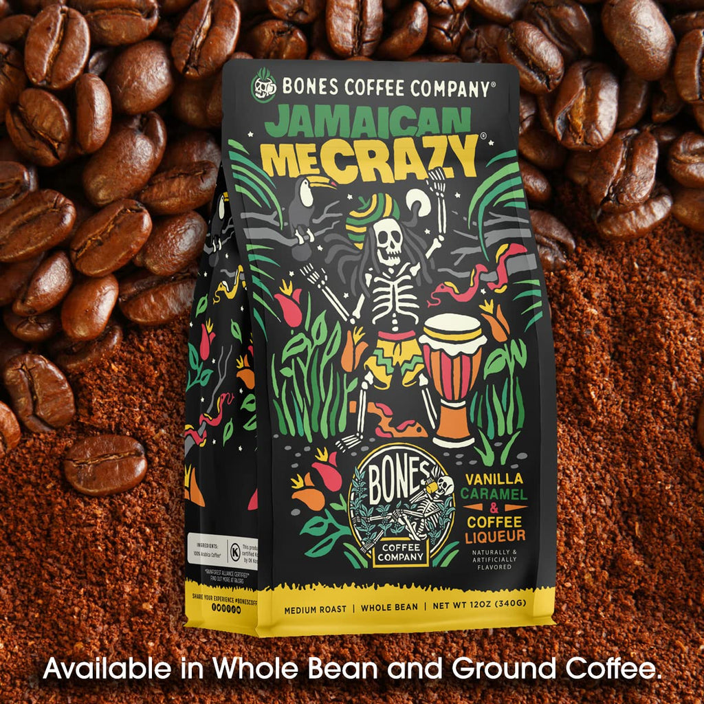 Bones Coffee Company Jamaican Me Crazy, Vanilla Caramel Flavored Coffee, Medium Roast Low Acid Arabica Beans Compatible with Auto drip and French Press Coffee Maker, 12 Oz Whole Bean