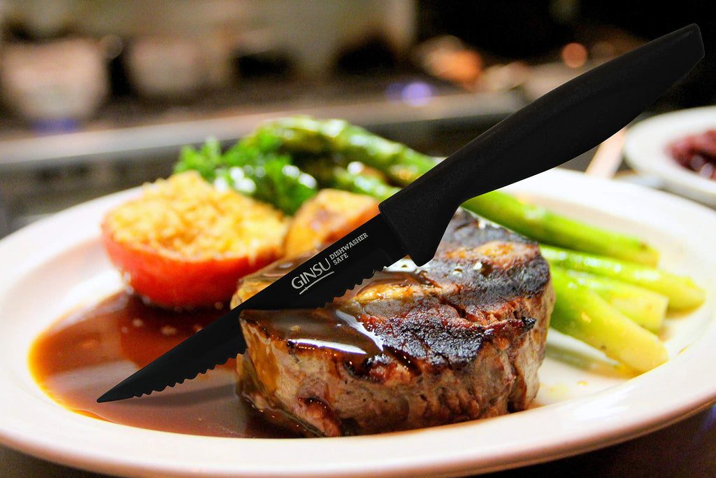 GINSU Daku 6-Piece Steak Kitchen Knife Set - Dishwasher Safe and Always Sharp, Perfect for Any Steak Lover – Practical Table Knives - Black