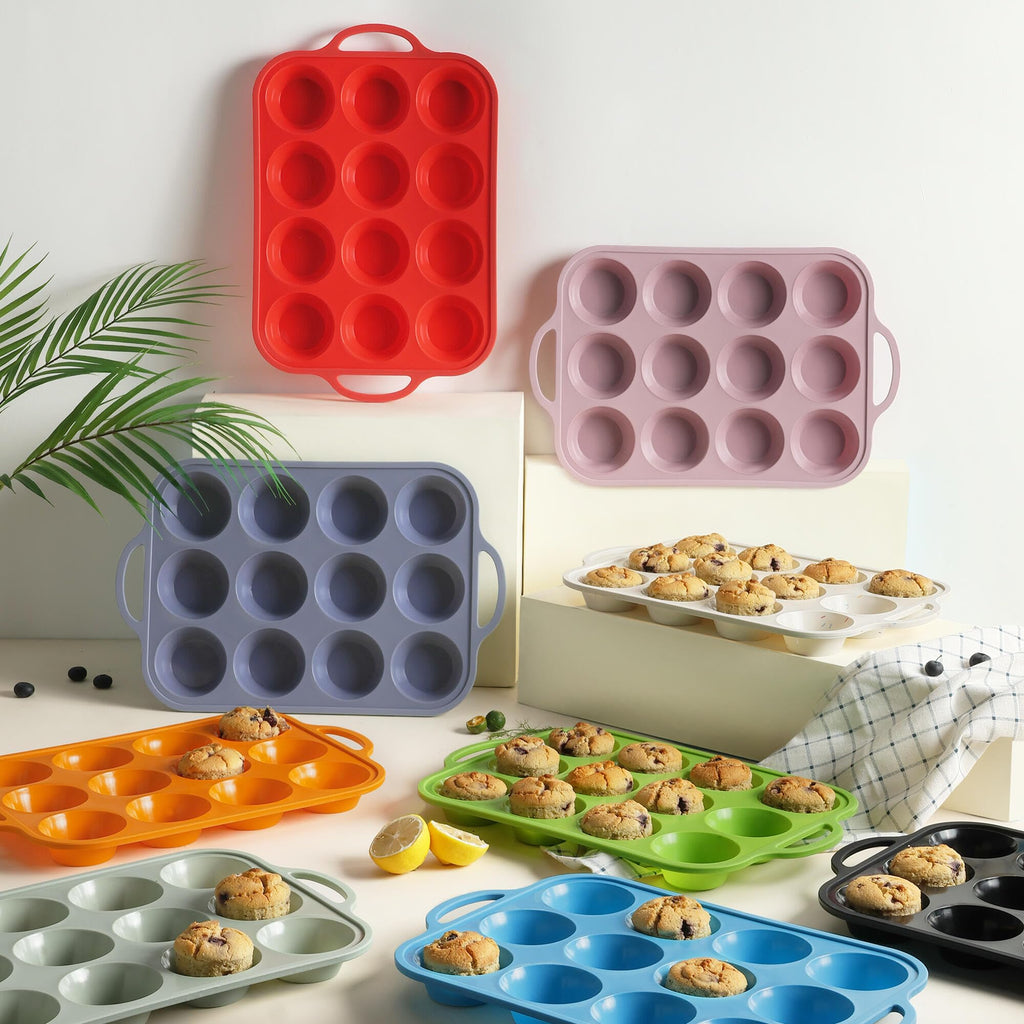 12 Cups Silicone Muffin Pan with Metal Reinforced Frame Regular Size Cupcake Pan Tray Egg Bites Silicone Circle Cookie Molds Muffin Tin Tart Pans Baking Sheet Set for Breakfast Sandwiches