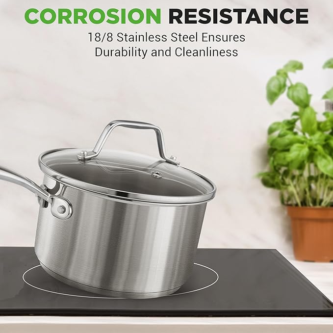 NutriChef 2 Quart Stainless Steel Pot with Lid - Heavy Duty Saucepan with Ergonomic Handles, For All Cooktops