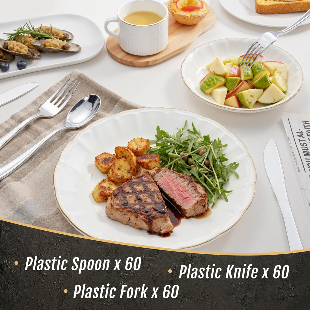 WDF 180 Pieces Silver Plastic Silverware - Silver Plastic Cutlery - Fancy Plastic Silverware Heavy Duty - 60 Forks 60 Knives 60 Spoons - Disposable Plastic Utensils Perfect for Party Wedding
