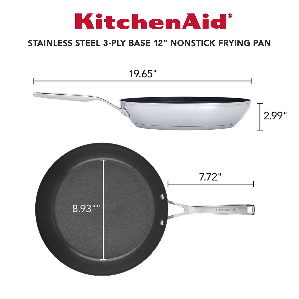 KitchenAid Stainless Steel 3-Ply Base Nonstick Induction Frying Pan, 12-Inch, Brushed Stainless Steel