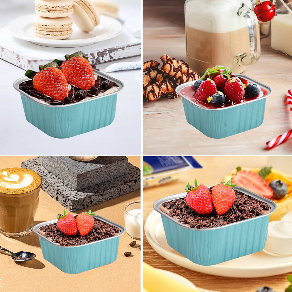 50 Pcs Mini Square Baking Cups with Lids,10oz Aluminum Foil Mini Cake Pans with Lids,Disposable Ramekins Cake Pans,300ml Dessert Cups Cupcake Pans for Wedding Birthday Party,Blue