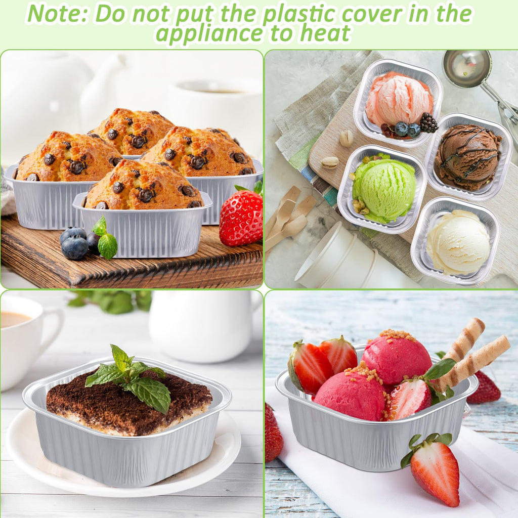 Aoriher 150 Pcs 10 oz Mini Cake Pans with Lids Aluminum Foil Baking Cup Disposable Square 4 x 4 Large Baking Tin, Muffin Pan Cheesecake Kitchen Brownie Pudding Desserts Holder(Silver)