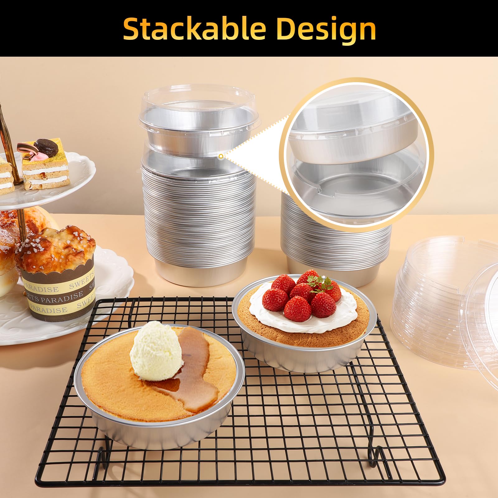 Beasea Mini Pie Pans with Lids, 120 Pack 4 Inch 8oz Disposable Mini Cake Pans Creme Brulee Aluminum Foil Pie Tart Ramekins Tins Silver Small Individual Round Containers Oven Safe for Baking