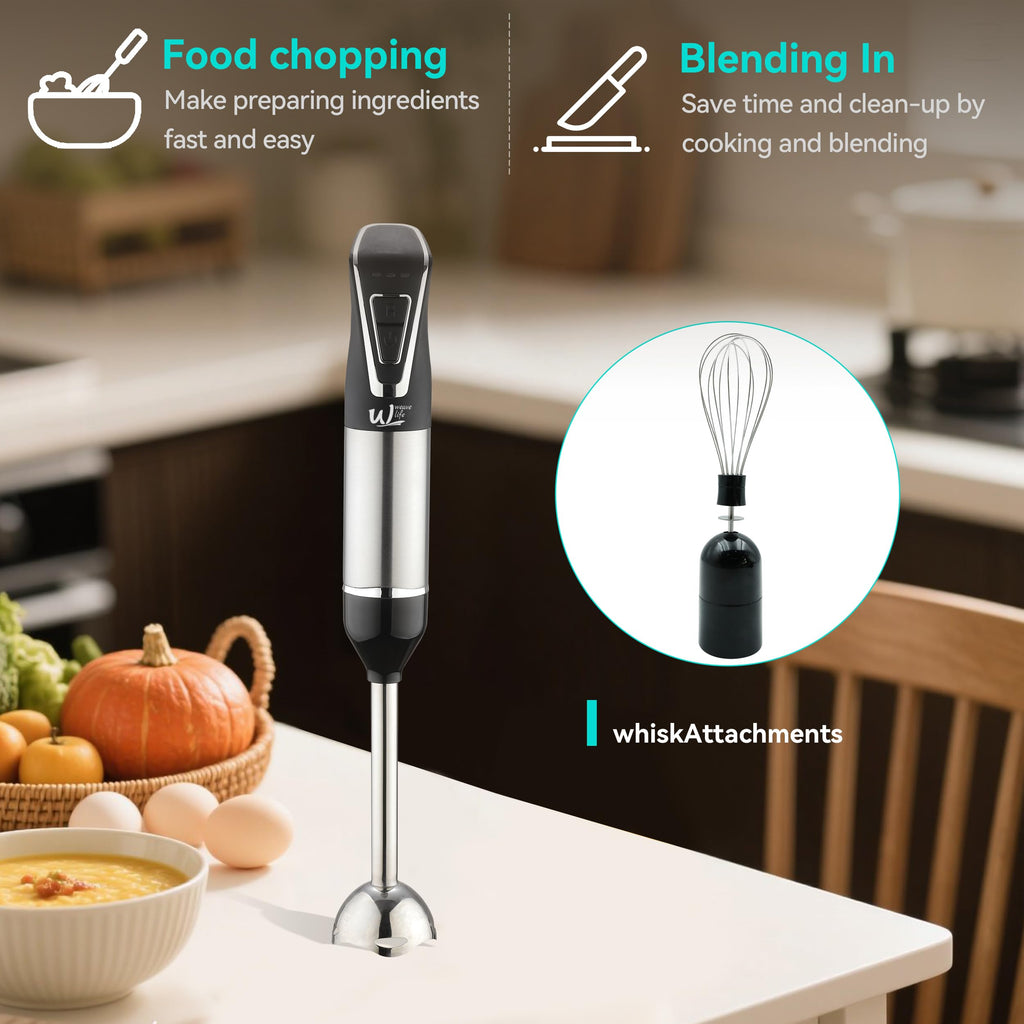 Weavelife 3-in-1 Cordless Hand Blender Set - One-Touch Control & Safety Lock, Immersion Blender with Whisk and Frother for Lattes, Desserts, Soups, Dishwasher-Safe