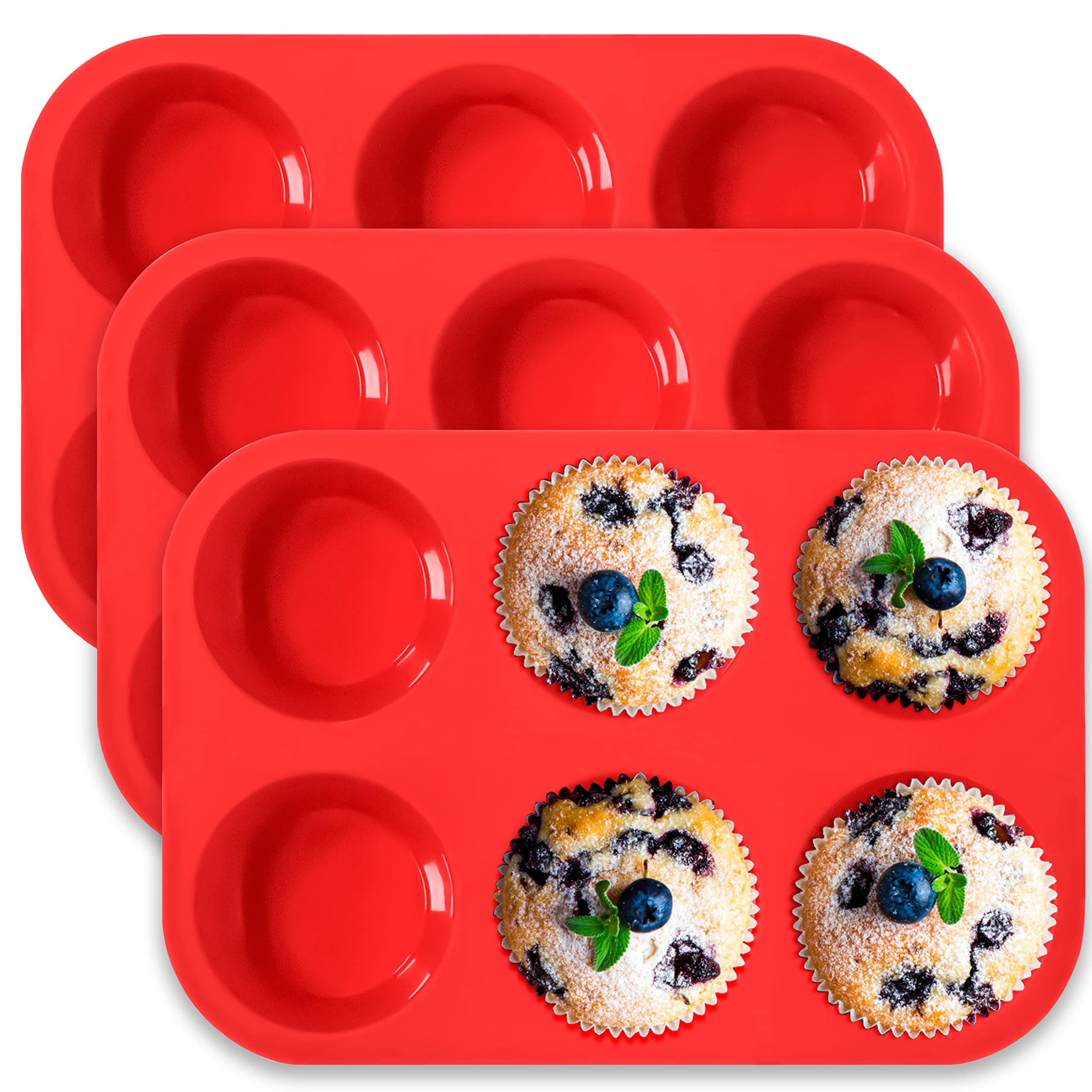 Anaeat Silicone Muffin Pan - 6 Cups Non-Stick Cupcake Molds, Food Grade Silicone Baking Tray for Making Egg Muffin, Cupcake, Quiches, Tart and Desserts, Reusable Muffin Tin Just Pop Out (3 Pack)