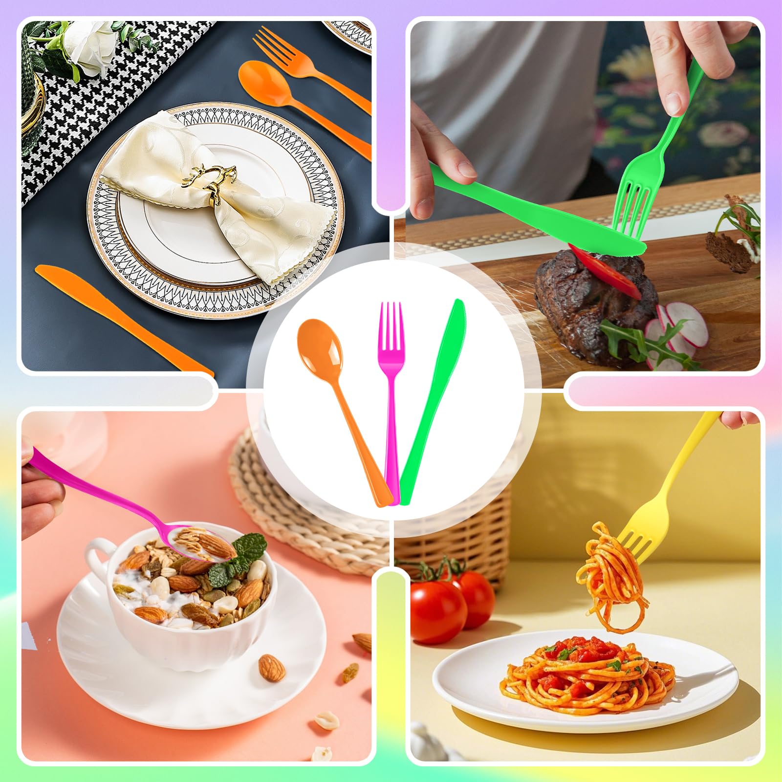 ALEXPRE 300 Pack Neon Party Disposable Plastic Silverware Heavy Duty, Plastic Cutlery Set, Forks and Spoons Knives Set for Birthday Party Prom Night, Weddings（Orange,Green, Hot Pink, Yellow Colors）