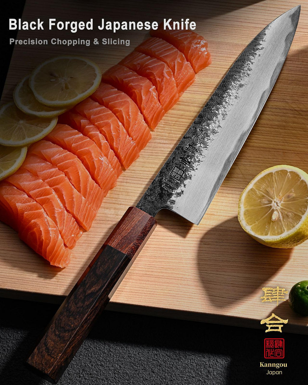 kanngou 8.27 Inch Japanese Chef Knife, 210MM Black Forged Japanese Knife with Red Sandalwood and Eboy Wood Handle, Gyuto Chefs Knives with Premium Gift Box (WA Series)