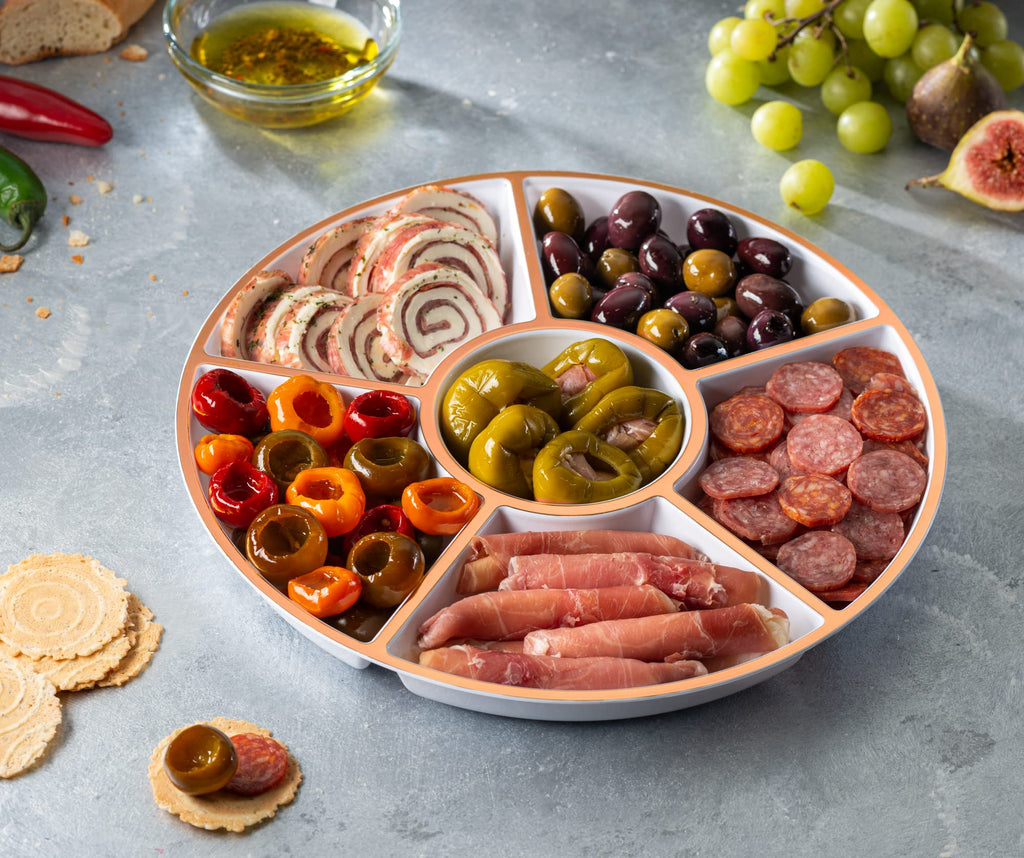 Plasticpro 6 Sectional Round Plastic Serving Tray/Platter (2, White & Rose Gold)