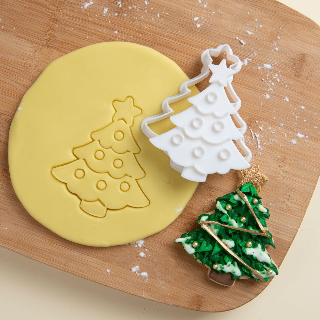 Flycalf Christmas Cookie Cutters Xmas Tree Shapes with Plunger Stamps Holiday PLA Baking Accessories Cutter Molds Gifts Decorative Party 3" Kitchen Cake Supplies