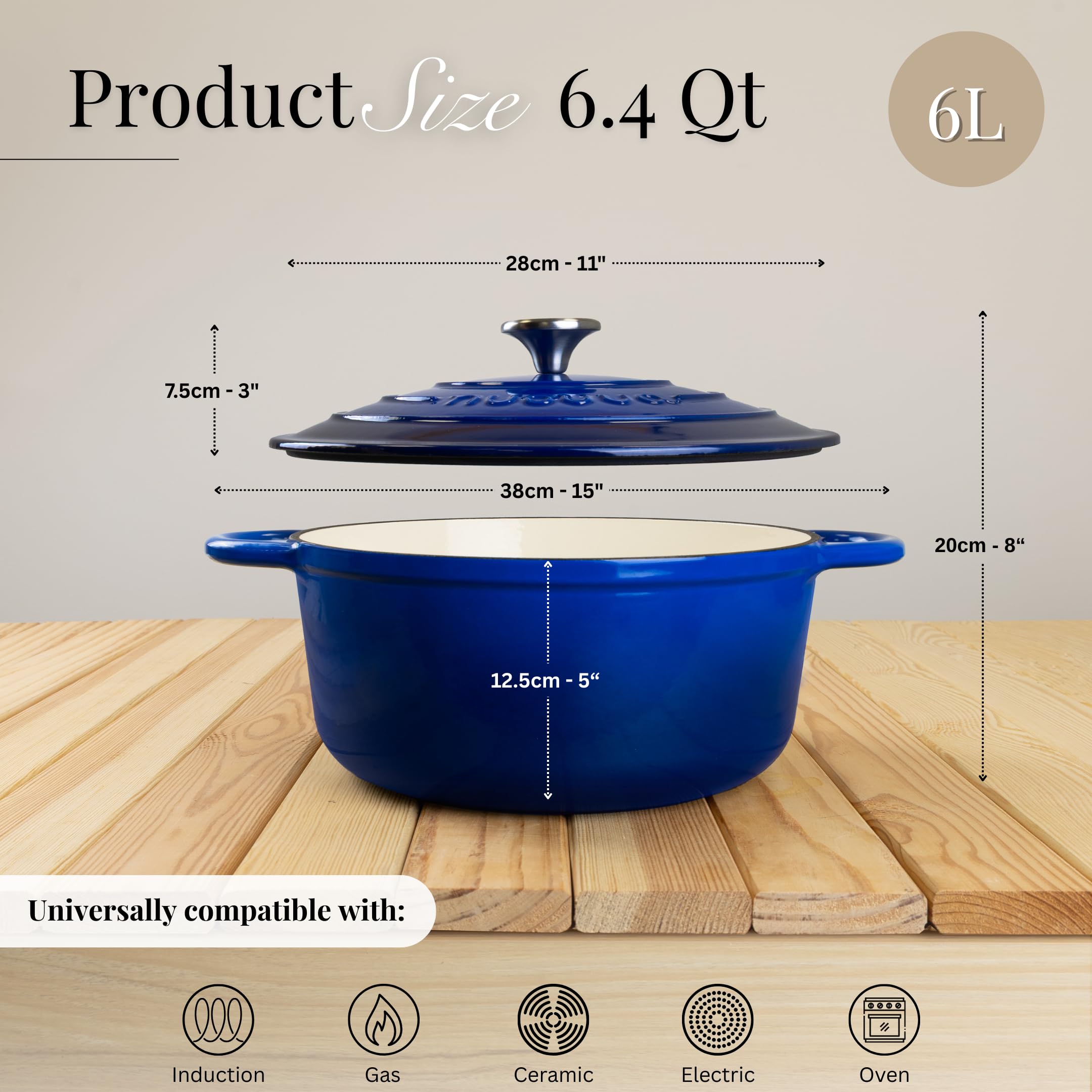 Nuovva Enamelled Cast Iron Dutch Oven Pot with Lid-6.4 Quart Non Stick Casserole Pot-Heavy Duty & Oven Safe up to 500° F for Bread Baking, Braising, Stews, Roasting - 28cm Dark Blue