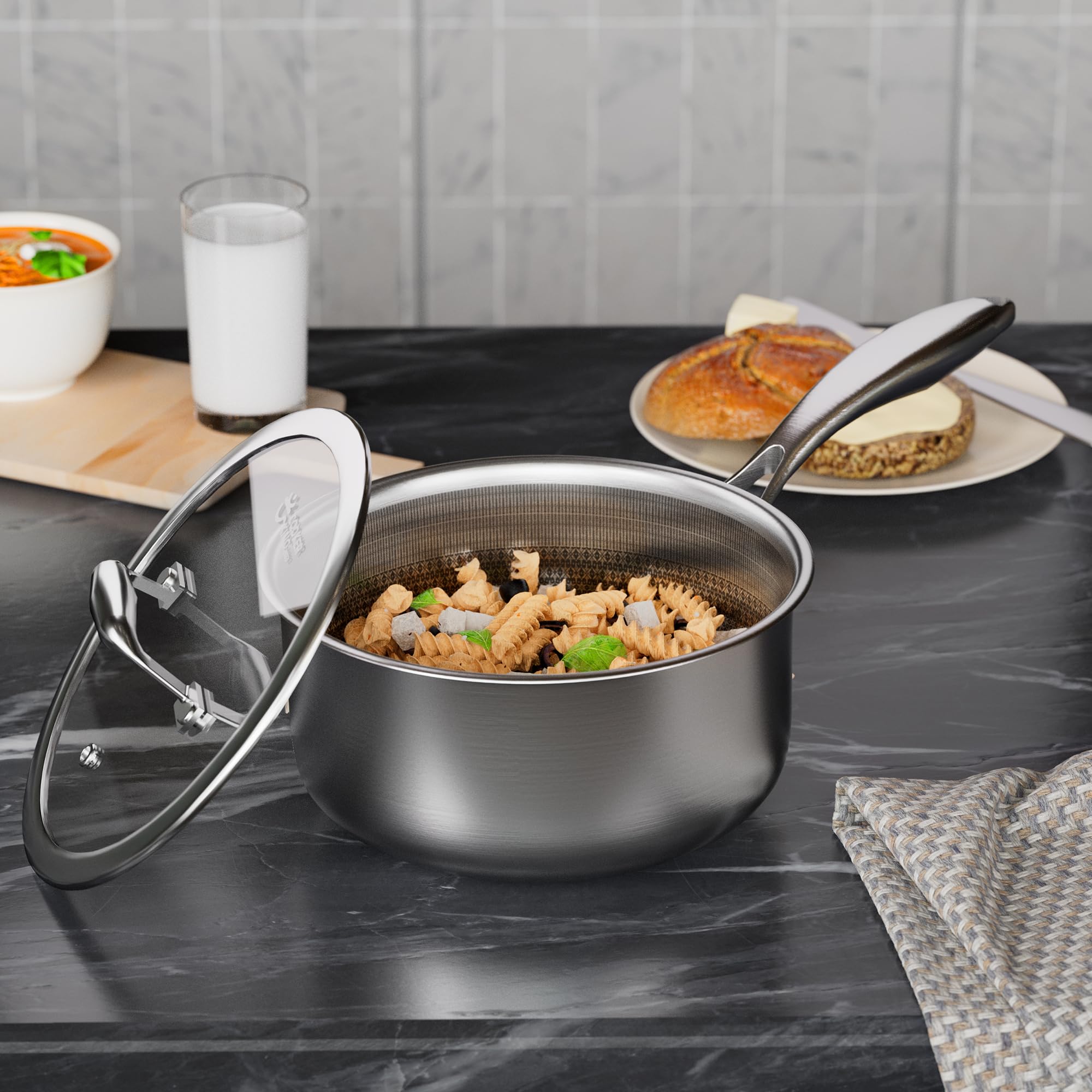 COOKER KING 3 Quart Stainless Steel Saucepan with Lid, Tri-Ply Ceramic Nonstick Pot, Metal Utensil Safe, Dishwasher & Oven Safe up to 900F, Induction Cookware for All Stovetops