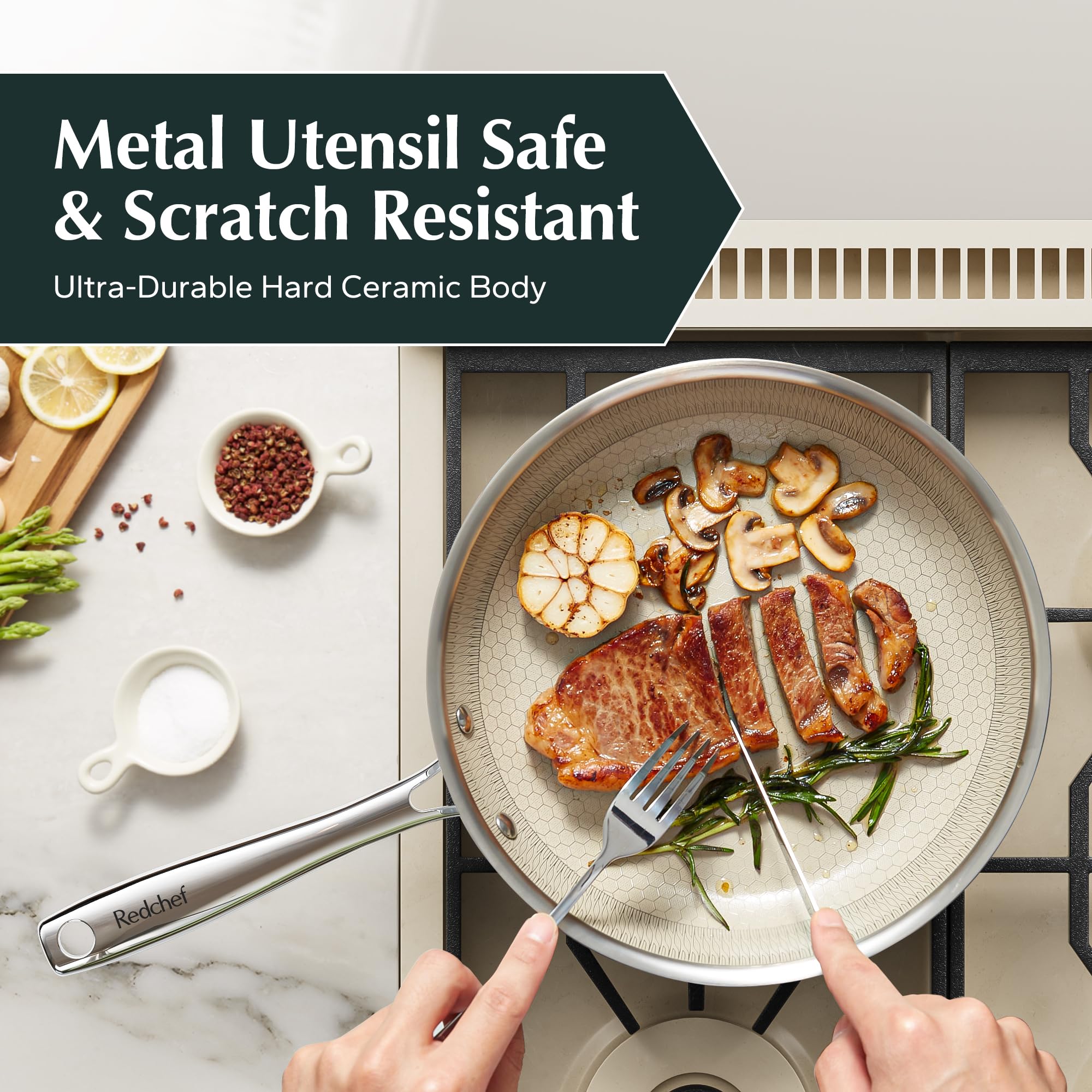 Redchef Hybrid Ceramic Nonstick 11-Inch Frying Pan with Stay-Cool Handle, Dishwasher & Oven Safe, Induction Compatible, Tri-Ply Stainless Steel & Aluminum, All Cooktops