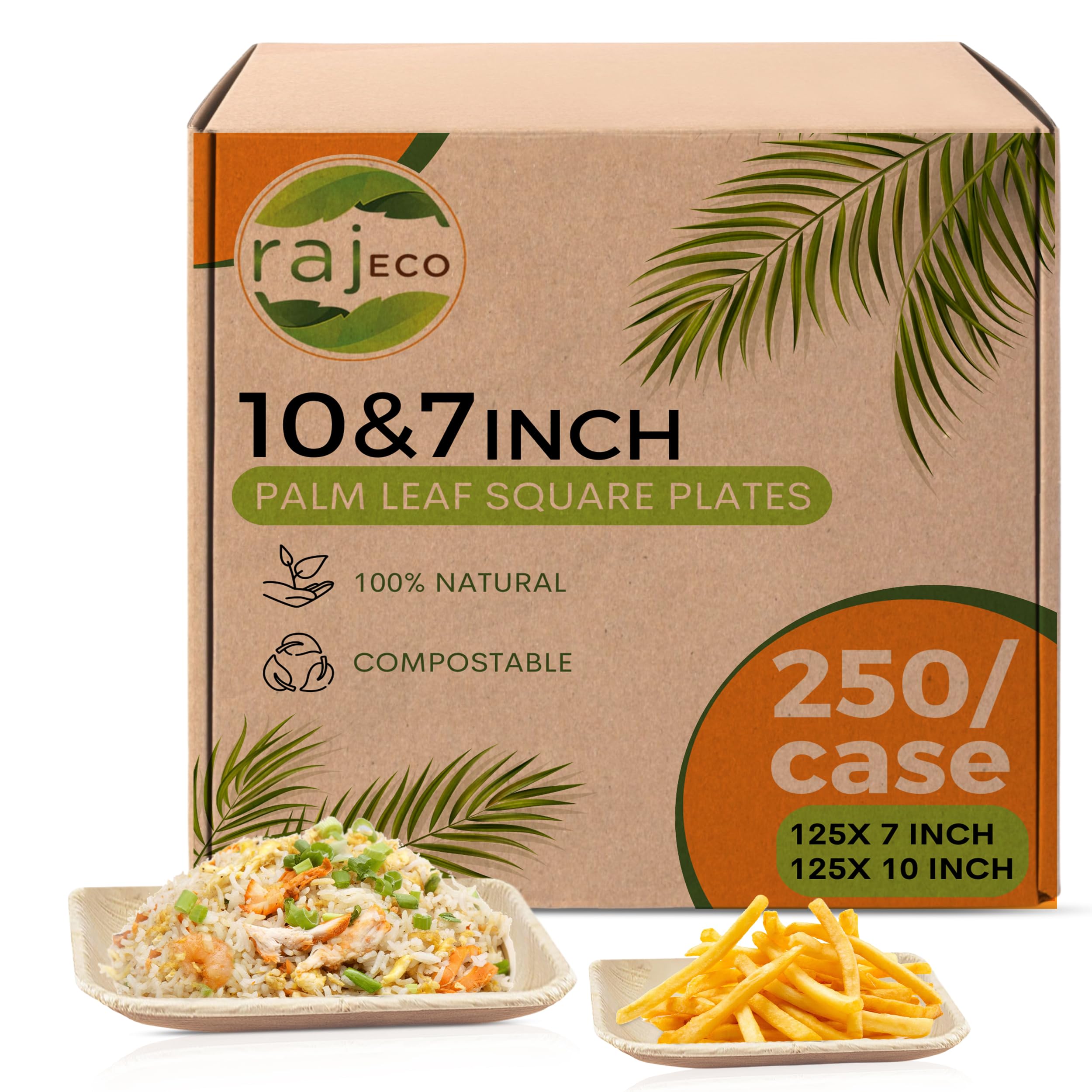 Raj Palm Leaf 10" & 7" Square Plates, 250 Count (5 cases) Bulk Pack