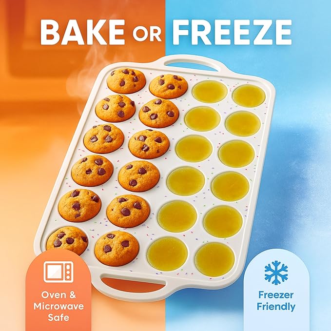 2-Pack Mini Muffin Pan 24 cups - Silicone Muffin Pans with Metal-Reinforced Handles – Nonstick, BPA-Free, Food-Grade Bakeware for Mini Cupcakes & Snacks – Dishwasher Safe, Cream