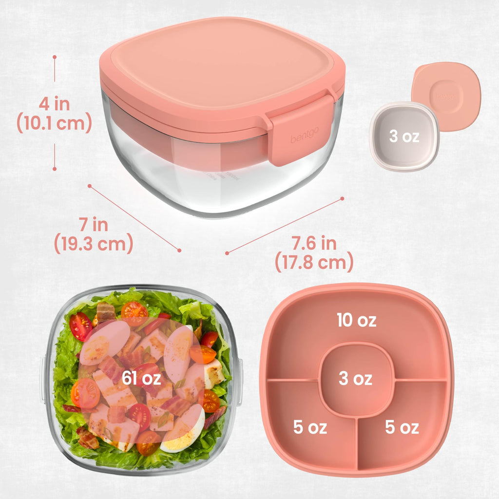Bentgo Glass Salad Container with Airtight Lid & Leak-Proof Sauce Cup