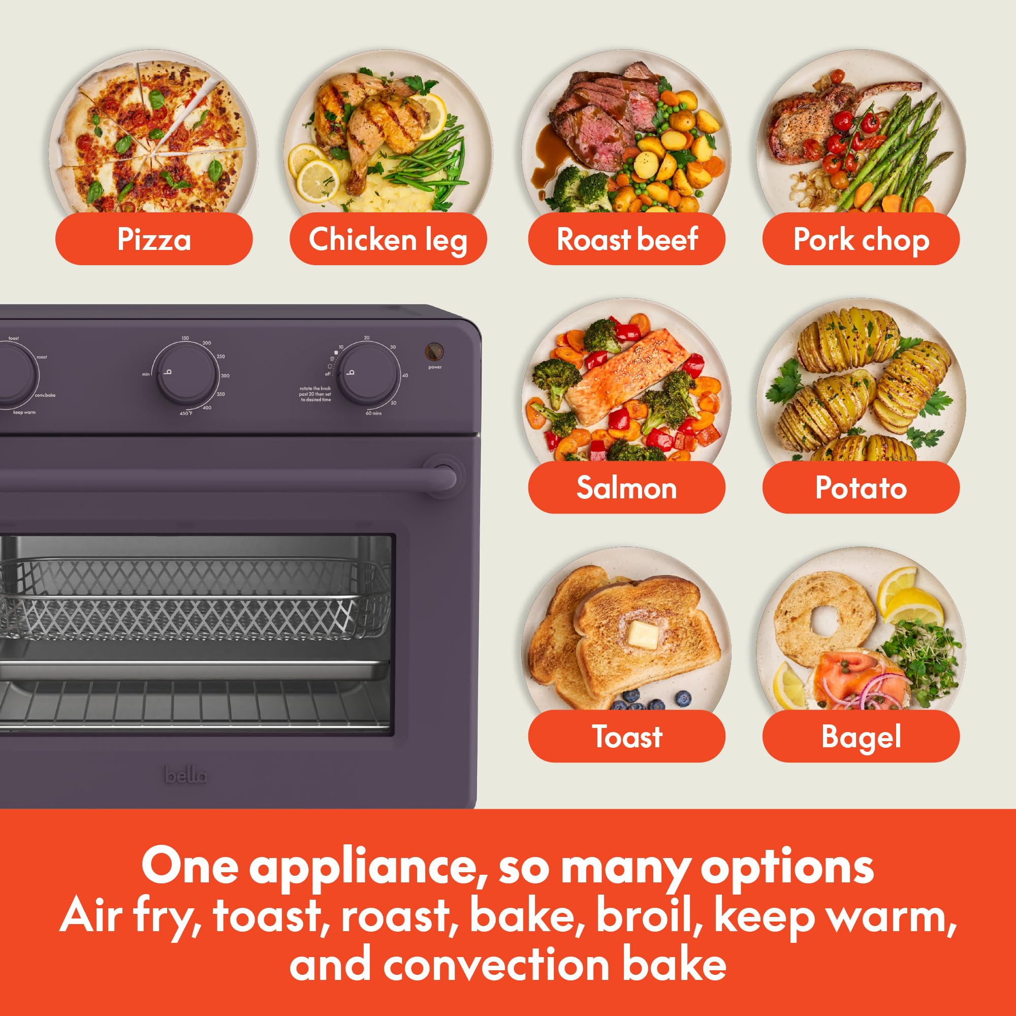 bella Air Fry Toaster Oven, 7 Preset Cooking Options, Dishwasher-Safe EverGood Coated Trays Included, 60-Minute Auto Shutoff w Audible Timer, Power Indicator Light, 1700 Watt, Plum