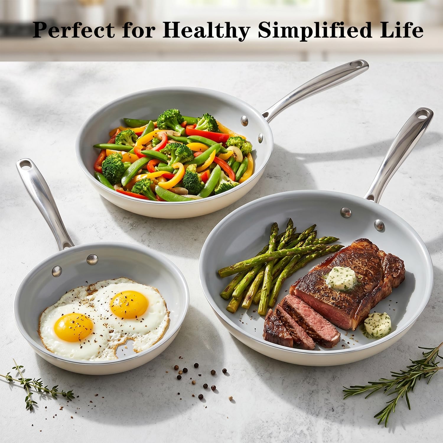 Cookersway Cookware Ceramic Nonstick Frying Pans: 3Pieces Non Stick Skillet 8 9.5 11 Inches - Healthy Egg Fry Pans - Free of PTFE,PFOA,PFAS